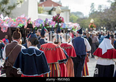 a traditonal madeira folklore music group s at the Festa da Flor or Spring Flower Festival in the city of Funchal on the Island of Madeira in the Atla Stock Photo