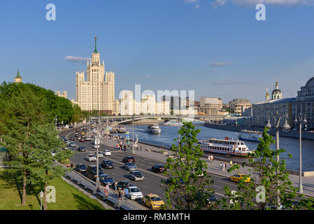 Moscow, Russia -13 May 2018: View of the bank of the Moskva River and Stalin skyscraper in Moscow on a sunny day. Russia Stock Photo