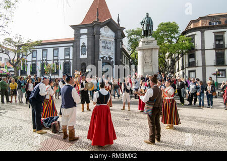 a traditonal madeira folklore music group s at the Festa da Flor or Spring Flower Festival in the city of Funchal on the Island of Madeira in the Atla Stock Photo