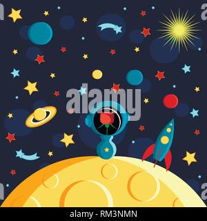Rose in a spacesuit on the moon. Moon, Sun, Saturn, Earth, other planets, rocket Stars comets space Cartoon style Stock Vector