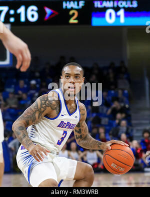 Chicago, USA. 12th Feb 2019. DePaul Blue Demons guard Devin Gage (3)looks over the Marquette defense during NCAA basketball game between the Marquette Golden Eagles and the DePaul University Blue Demons at Wintrust Arena in Chicago IL. Gary E. Duncan Sr/CSM Credit: Cal Sport Media/Alamy Live News Stock Photo