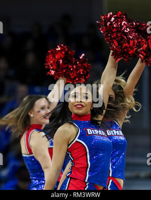 Chicago, USA. 12th Feb 2019. DePaul Blue Demon cheerleaders perform during a stoppage in play during NCAA basketball game between the Marquette Golden Eagles and the DePaul University Blue Demons at Wintrust Arena in Chicago IL. Gary E. Duncan Sr/CSM Credit: Cal Sport Media/Alamy Live News Stock Photo