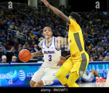 Chicago, USA. 12th Feb 2019. DePaul Blue Demons guard Devin Gage (3)drives to the basket during NCAA basketball game between the Marquette Golden Eagles and the DePaul University Blue Demons at Wintrust Arena in Chicago IL. Gary E. Duncan Sr/CSM Credit: Cal Sport Media/Alamy Live News Stock Photo