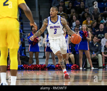 Chicago, USA. 12th Feb 2019. DePaul Blue Demons guard Devin Gage (3)brings the ball down court during NCAA basketball game between the Marquette Golden Eagles and the DePaul University Blue Demons at Wintrust Arena in Chicago IL. Gary E. Duncan Sr/CSM Credit: Cal Sport Media/Alamy Live News Stock Photo