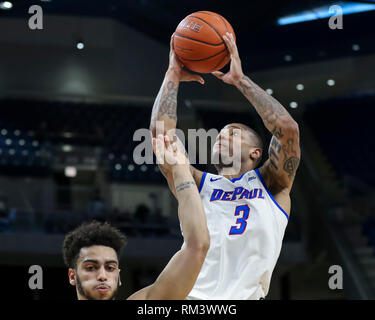 Chicago, USA. 12th Feb 2019. DePaul Blue Demons guard Devin Gage (3)drives and puts up shot during NCAA basketball game between the Marquette Golden Eagles and the DePaul University Blue Demons at Wintrust Arena in Chicago IL. Gary E. Duncan Sr/CSM Credit: Cal Sport Media/Alamy Live News Stock Photo