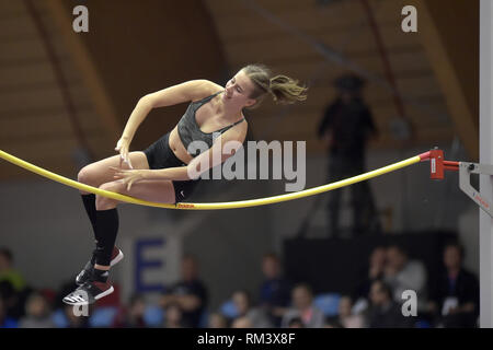 Ostrava, Czech Republic. 12th Feb, 2019. Hanga Klekner (Hungary) competes in women's pole vault within the Czech Indoor Gala, EAA indoor athletic meeting in Ostrava, Czech Republic, February 12, 2019. Credit: Jaroslav Ozana/CTK Photo/Alamy Live News Stock Photo