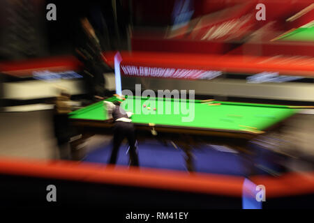 Cardiff, UK. 12th Feb, 2019. Zhao Xintong during his 1st round match against Jackson Page of Wales. Welsh Open snooker, day 2 at the Motorpoint Arena in Cardifft, South Wales on Tuesday 12th February 2019. pic by Credit: Andrew Orchard/Alamy Live News Stock Photo