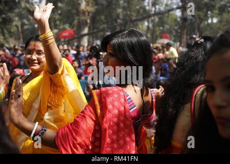 Dhaka, Bangladesh. 13th Feb, 2019. Girls dance as they participate to celebrate Basanta Utsab (Spring Festival) in the Dhaka University campus. Credit: MD Mehedi Hasan/ZUMA Wire/Alamy Live News Stock Photo