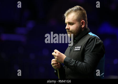 Cardiff, UK. 12th Feb, 2019. Jackson Page of Wales during his 1st round match against Zhao Xintong. Welsh Open snooker, day 2 at the Motorpoint Arena in Cardifft, South Wales on Tuesday 12th February 2019. pic by Credit: Andrew Orchard/Alamy Live News Stock Photo