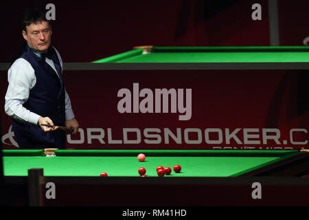Cardiff, UK. 12th Feb, 2019. Jimmy White in action. Welsh Open snooker, day 2 at the Motorpoint Arena in Cardifft, South Wales on Tuesday 12th February 2019. pic by Credit: Andrew Orchard/Alamy Live News Stock Photo