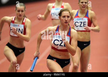 Ostrava, Czech Republic. 12th Feb, 2019. The Czech's team Lada Vondrova, Tereza Petrzilkova, Marcela Pirkova, Martina Hofmanova (front) won the women´s 4x400 m relay race within the Czech Indoor Gala, EAA indoor athletic meeting in Ostrava, Czech Republic Stock Photo