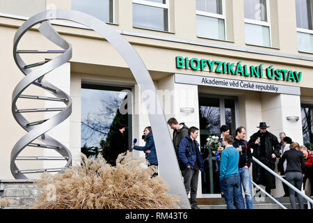 Czech Science Academy President Eva Zazimalova and cell physiologist Jiri Bartek attend unveiling of new statue of DNA model (photo) outside Institute of Biophysics of Czech Academy of Sciences in Brno, Czech Republic, on Wednesday, February 13, 2019. (CTK Photo/Monika Hlavacova) Stock Photo