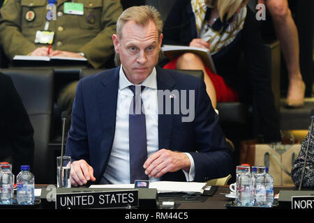 Brussels, Belgium. 13th Feb, 2019. Acting U.S. Secretary of Defense Patrick Shanahan attends the NATO defence ministers meeting at the NATO headquarters in Brussels, Belgium, Feb. 13, 2019. Credit: Zheng Huansong/Xinhua/Alamy Live News
