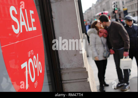 February 9, 2019 - London, United Kingdom - A sign seen advertising discounts on Regent Street in central London..February 15 sees the release of the first monthly retail sales figures of the year (for January) from the UK's Office for National Statistics. December figures revealed a 0.9 percent fall in sales from the month before, which saw a 1.4 percent rise widely attributed to the impact of 'Black Friday' deals encouraging earlier Christmas shopping. More generally, with a potential no-deal departure from the EU growing nearer and continuing to undermine consumer confidence in the UK, econ Stock Photo