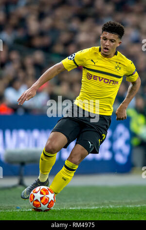 London, UK. 13th Feb, 2019. Jadon Sancho of Borussia Dortmund during the UEFA Champions League round of 16 match between Tottenham Hotspur and Borussia Dortmund at Wembley Stadium, London, England on 13 February 2019. Photo by Salvio Calabrese. Editorial use only, license required for commercial use. No use in betting, games or a single club/league/player publications. Credit: UK Sports Pics Ltd/Alamy Live News Stock Photo