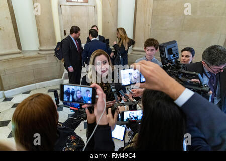 Washington, United States Of America. 13th Feb, 2019. Representative Debbie Mucarsel-Powell, Democrat of Florida, speaks with reporters on Capitol Hill in Washington, DC on February 13, 2019. Credit: Alex Edelman/CNP | usage worldwide Credit: dpa/Alamy Live News Stock Photo