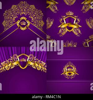 Set of luxury ornate backgrounds in vintage style. Elegant gold frame with floral elements, blazon, filigree ornament Stock Vector