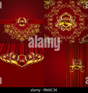 Set of luxury ornate backgrounds in vintage style. Elegant gold frame with floral elements, blazon, filigree ornament Stock Vector