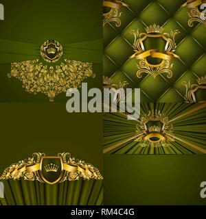 Set of luxury ornate backgrounds in vintage style. Elegant gold frame with floral elements, blazon, filigree ornament Stock Vector
