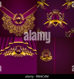 Set of luxury ornate backgrounds in vintage style. Elegant gold frame with floral elements, blazon, filigree ornament Stock Vector