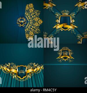 Set of luxury ornate backgrounds in vintage style. Elegant gold frame with floral elements, blazon, filigree ornament Stock Vector