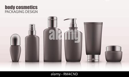 Set of realistic green glass bottles eco cosvetic Stock Vector