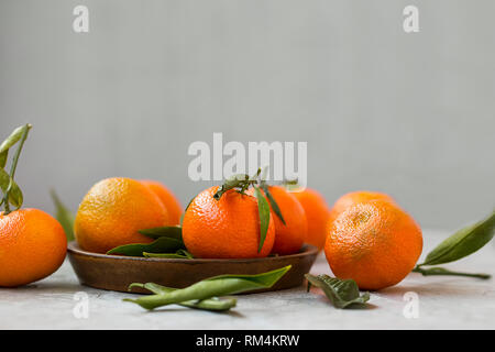 Ripe mandarines fruits with leaves, fresh citrus fruits on concrete background with copy space still life Stock Photo