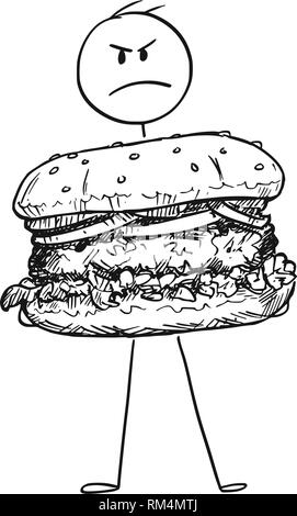 Cartoon of Angry Man Holding Big Burger or Hamburger Stock Vector