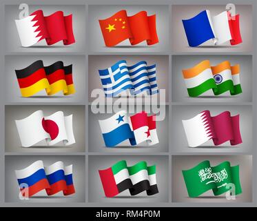 Set of waving flags icons isolated, official symbols of countrys, vector illustration. Stock Vector