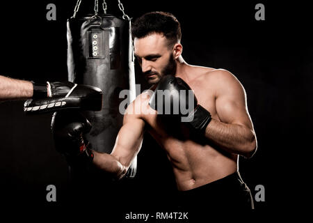 bearded boxer fighting with man in punching gloves isolated on black Stock Photo