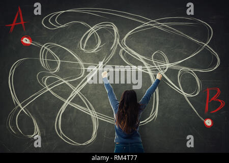 Woman rear view celebrate success with hands raised up in front of a blackboard, finding the correct way from point A to point B. Solving problem, fin Stock Photo