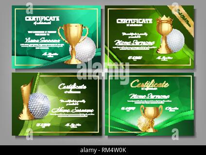 Golf Game Certificate Diploma With Golden Cup Set Vector. Sport Award Template. Achievement Design. Honor Background. Elegant Document. Champion. Best Stock Vector