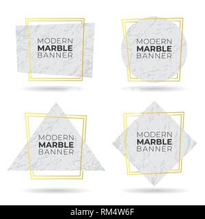 Set modern banners with marble texture and golden lines. Vector illustration. Stock Vector