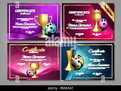 Bowling Game Certificate Diploma With Golden Cup Set Vector. Sport Award Template. Achievement Design. Honor Background. A4 Horizontal. Graduation Stock Vector