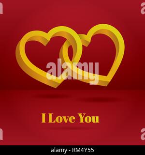 Two hearts intertwined on white background. Optical illusion of 3D three-dimensional volume. Vector illustration. Valentine's Day. Vector Stock Vector