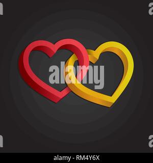 Two hearts intertwined. Optical illusion of 3D three-dimensional volume. Vector illustration. Valentine's Day. Vector Stock Vector