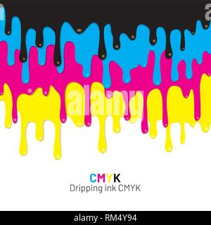 Dripping ink CMYK stain. Liquid ink, paint drip. Vector illustration. Stock Vector