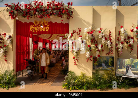 Cambodia, Kampot Province, Kampot, Road 736, floral display outside wedding marquee entrance Stock Photo