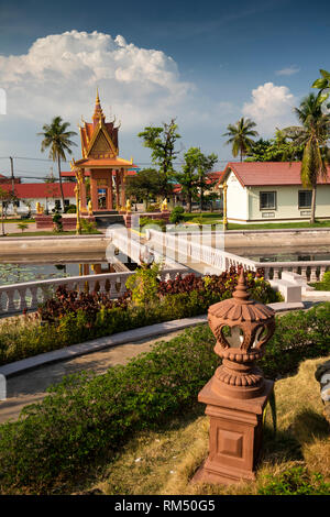 Cambodia, Kampot Province, Kampot, Lotus Pond, urban park and garden, Khmer style shrine from island Stock Photo