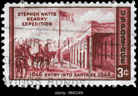 USA - CIRCA 1946: A Stamp printed in USA shows the “Capture of Santa Fe” by Kenneth M. Chapman, General Stephen Watts Kearny Expedition Issue, circa 1 Stock Photo