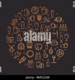 A circular set of craft beer pixel-perfect icons in a modern style on the theme of beer. Stock Vector