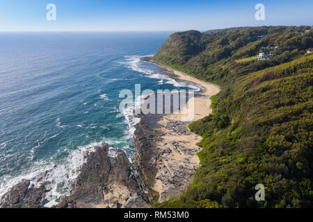 An aerial view of Dudley Bluff - south of Newcastle City. The rocky coastline adjoining residential Dudley. Stock Photo