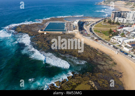 Aerial view of Newcastle Baths and the Cowrie Hole. Newcastle is a popular destination in NSW and is the second oldest city in Australia and located o Stock Photo