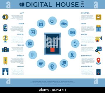 Digital vector wireless smart and digital house simple icons, flat style infographics Stock Vector