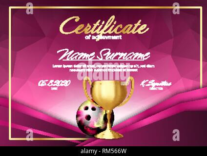 Bowling Game Certificate Diploma With Golden Cup Vector. Sport Graduate Champion. Best Prize. Winner Trophy. A4 Horizontal. Illustration Stock Vector