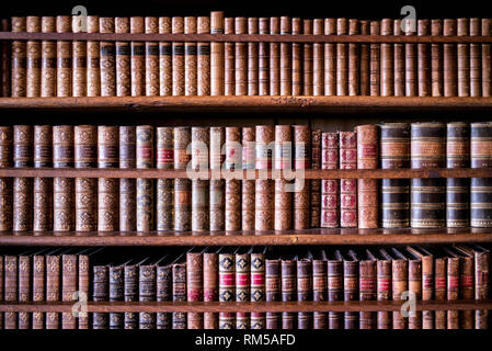 Leather bound books. The Library at Hatfield House. Stock Photo