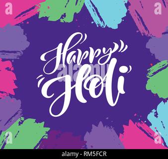 Happy Holi spring festival of colors greeting vector calligraphy lettering phrase with realistic colorful Holi powder paint background. Turquoise Stock Vector