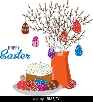 Cartoon cute flat vase with spring branches, painted eggs and easter cake isolated on a white background. Vector Stock Vector