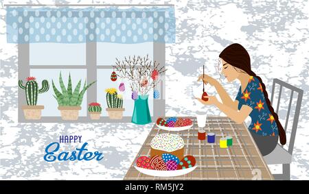 The girl at the table paints Easter eggs. Vector illustration isolated on a white background with text Stock Vector