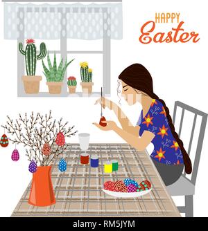The girl at the table paints Easter eggs. Vector isolated on a white background Stock Vector